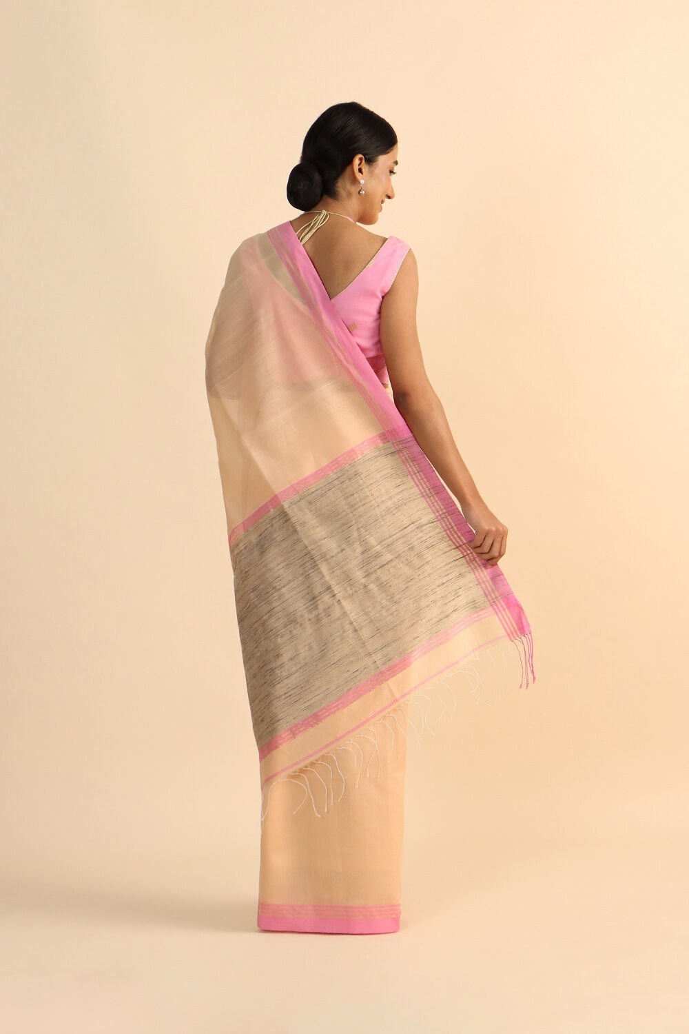 Beige Pure Silk Cotton Bengal Saree image number null
