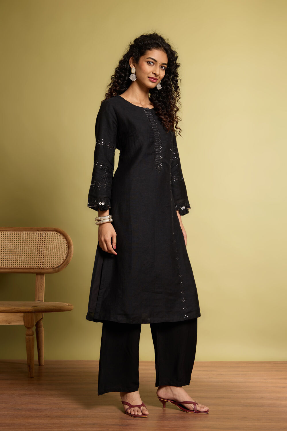 Black Viscose Mukaish Embroidery Kurta image number null