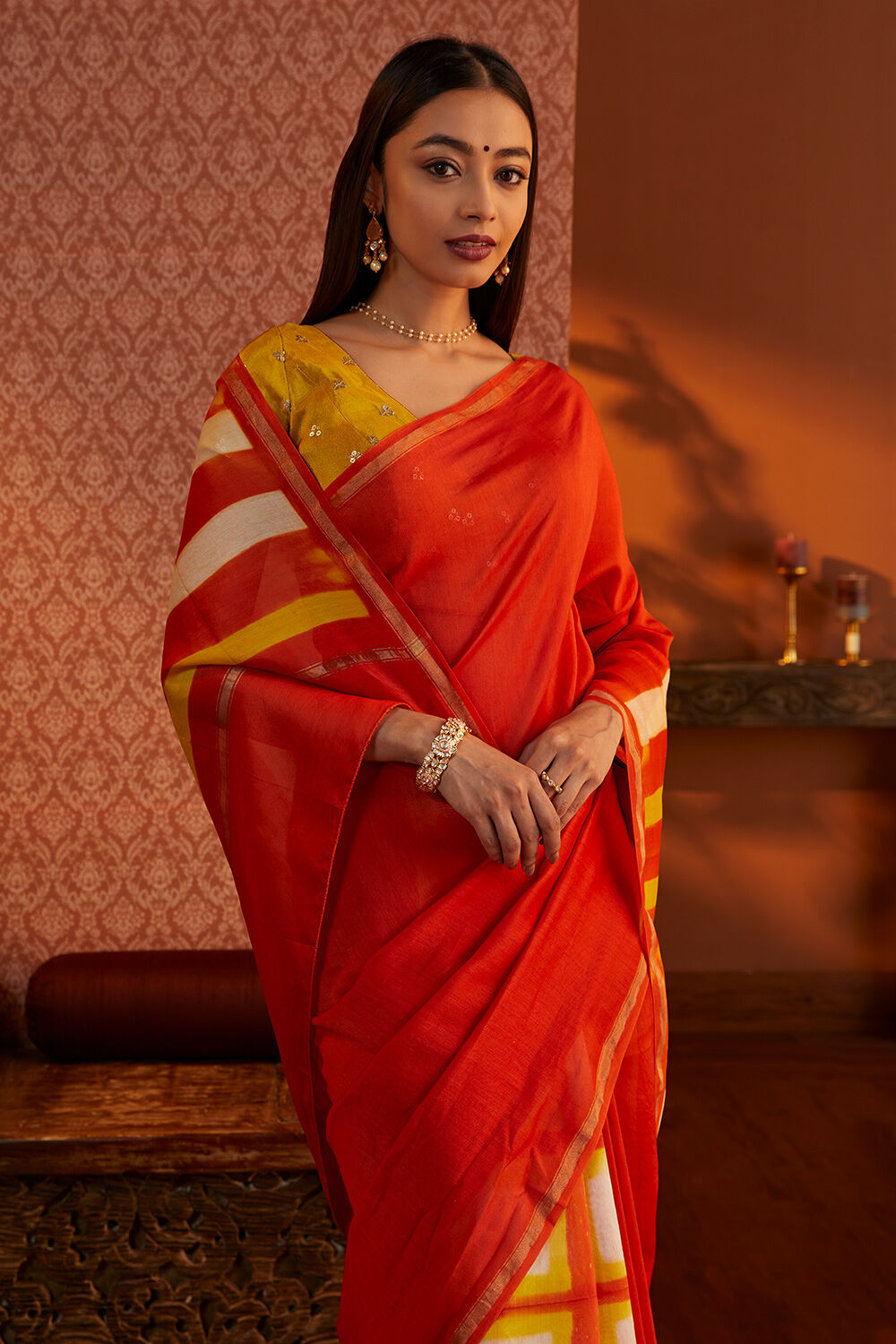 Orange Rajasthan Silk Cotton Tie and Dye Shibori Saree image number null