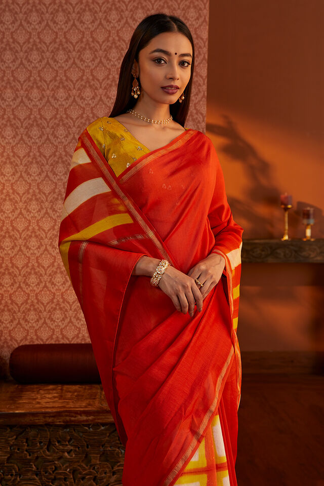 Orange Rajasthan Silk Cotton Tie and Dye Shibori Saree