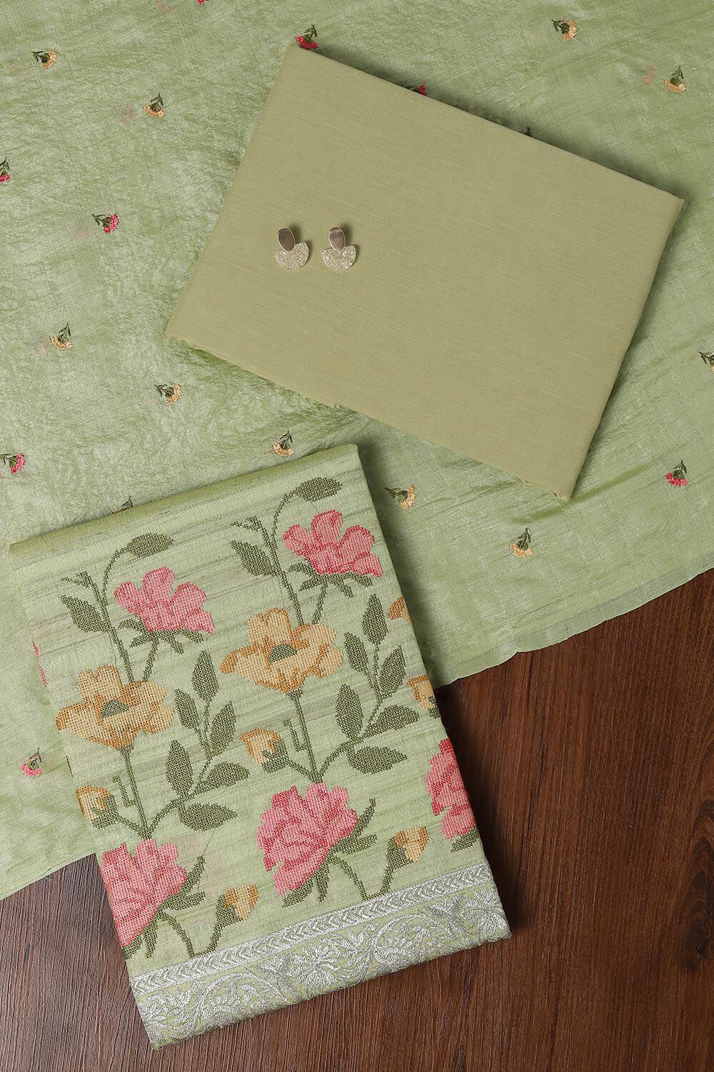 Light Green Tussar Embroidered Unstitched Suit Set image number null