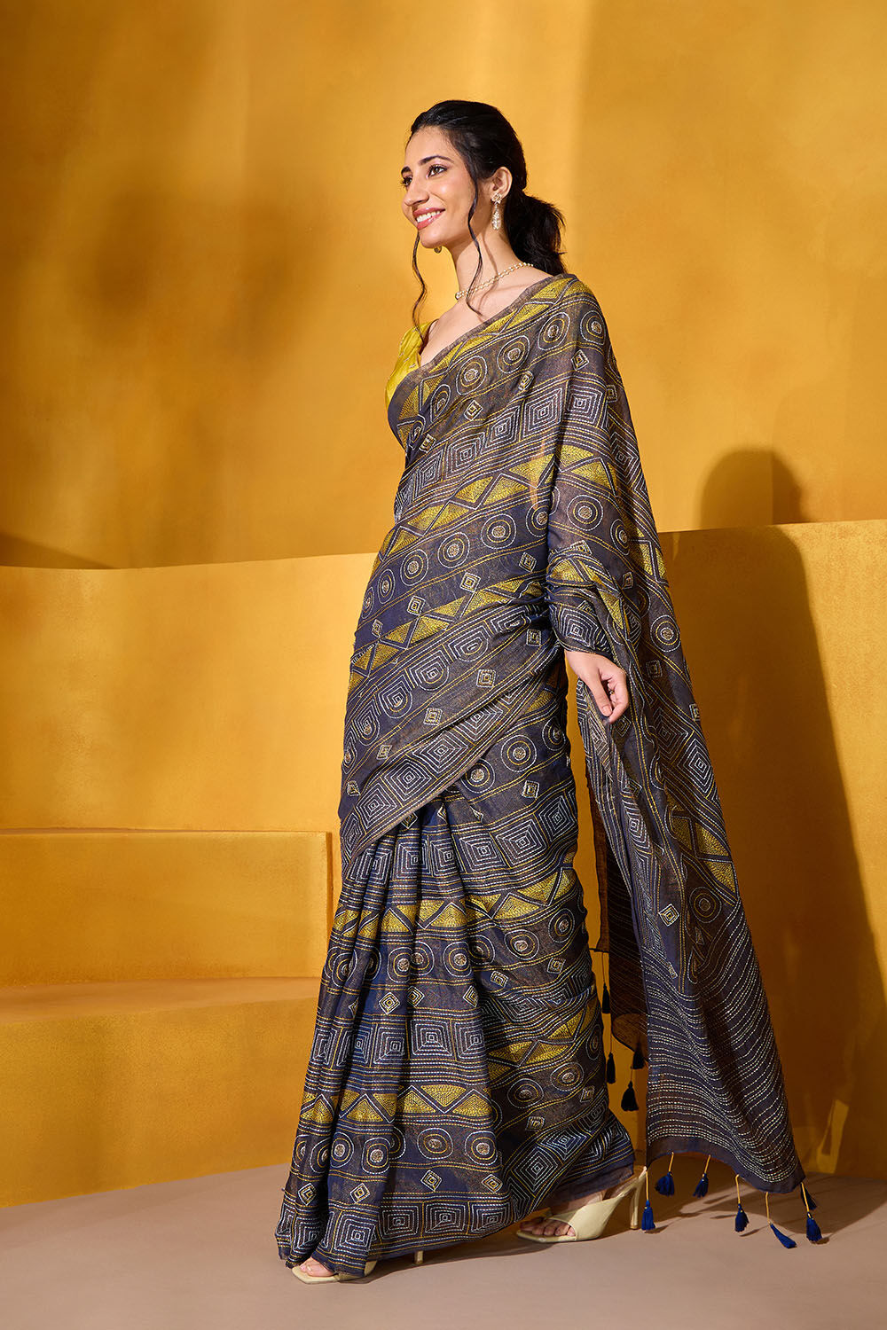 Dark Blue Tissue Linen Embroidered Saree image number null