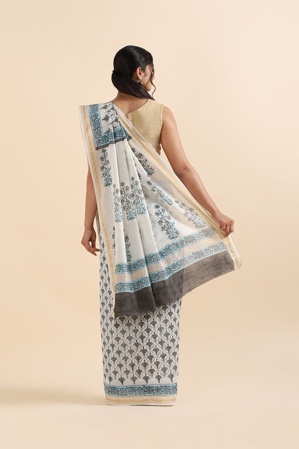 Off White Pure Silk Cotton Sanganeri Printed Saree image number null