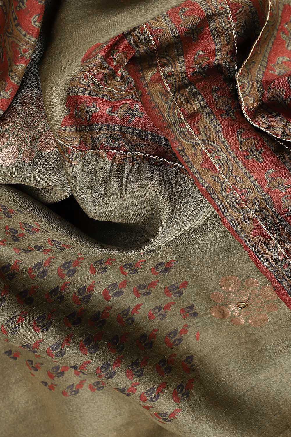 Grey Pure Silk Tussar Bagru Print and Zardosi Embroidered Saree image number null
