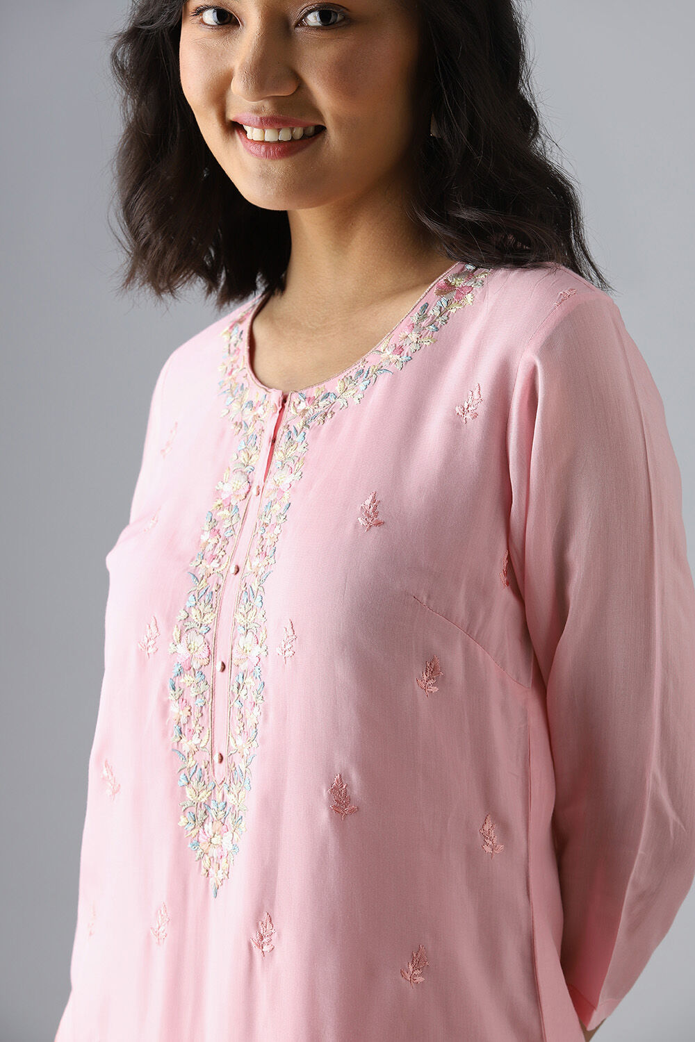 Light Pink Embroidered Viscose Kurta Set image number null