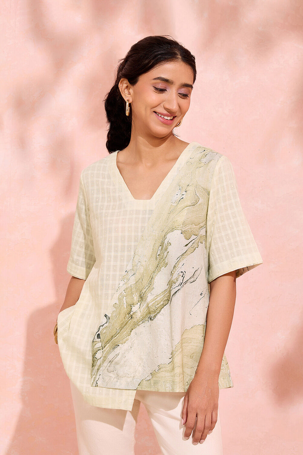 Light Yellow Pure Cotton Marble Printed Short Top image number null