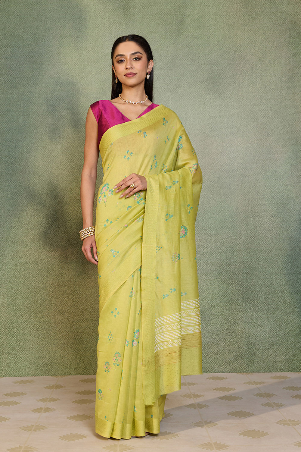 Light Green Digital Print Mukaish Pure Silk Cotton Saree image number null
