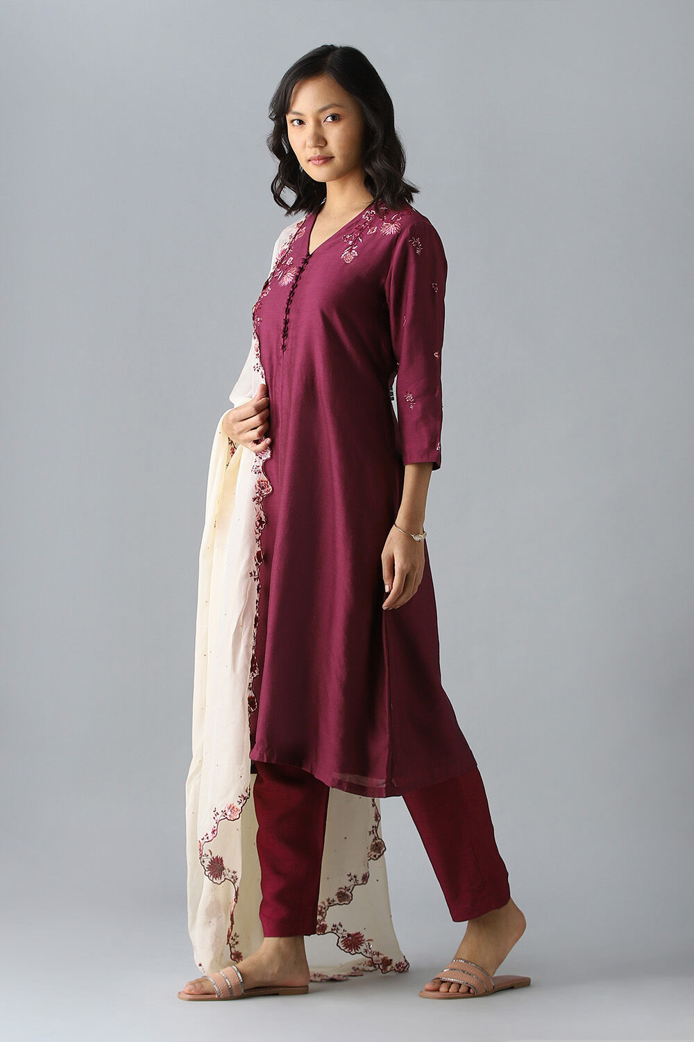 Purple Embroidered Silk Cotton Kurta Set image number null