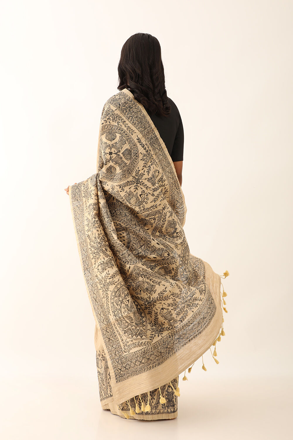 Beige Pure Silk Tussar Hand Painted Madhubani Saree image number null