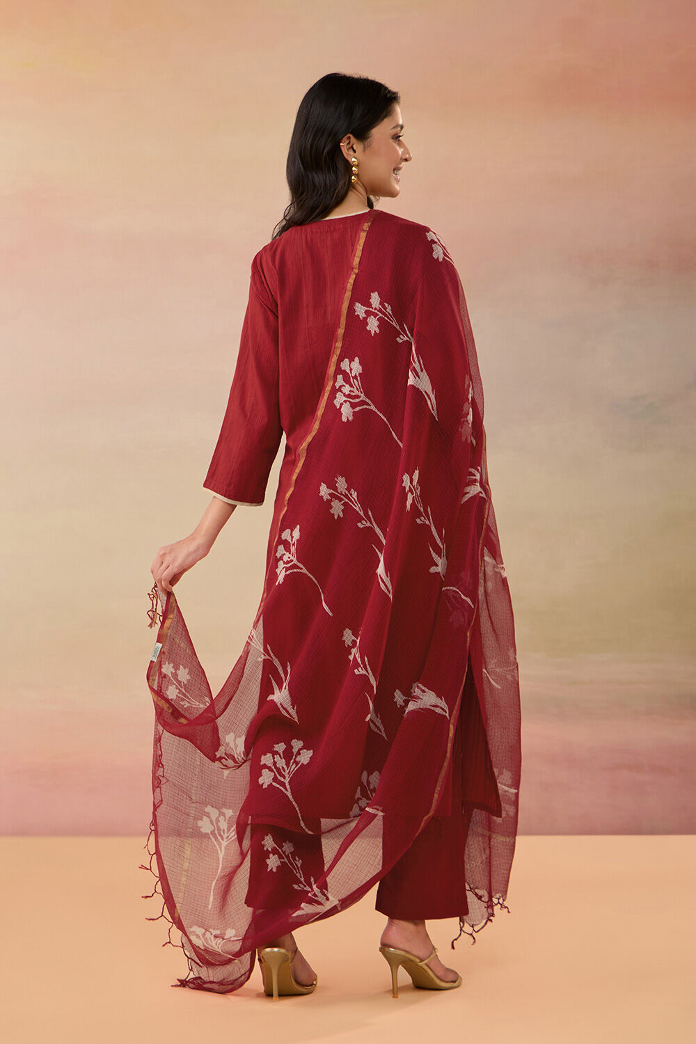 Red Pure Cotton Embroidered Kurta Set image number null
