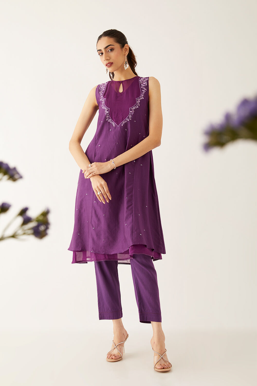 Violet Silk Cotton Embroidered Kurta Set image number null