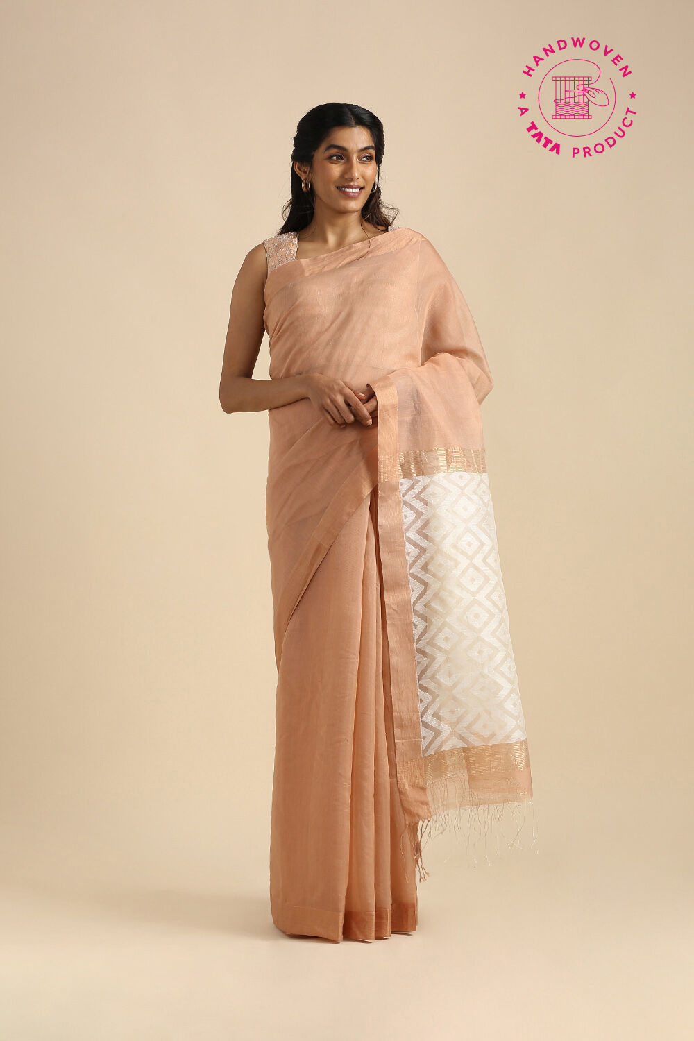 Beige Pure Silk Cotton Bengal Saree image number null