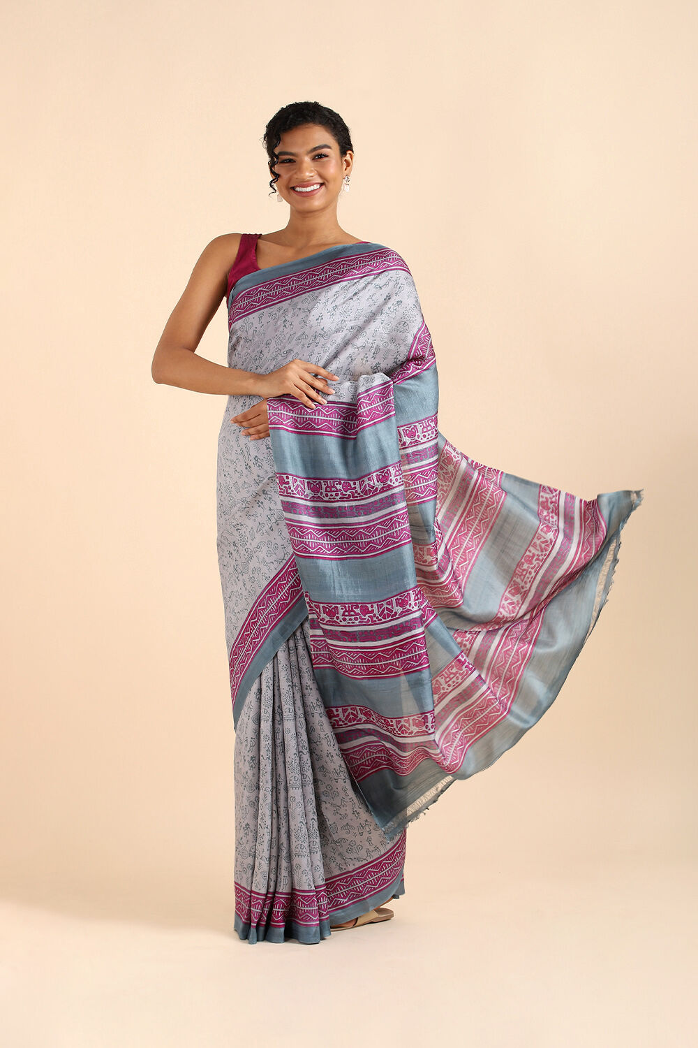 Grey Pure Silk Printed Saree image number null
