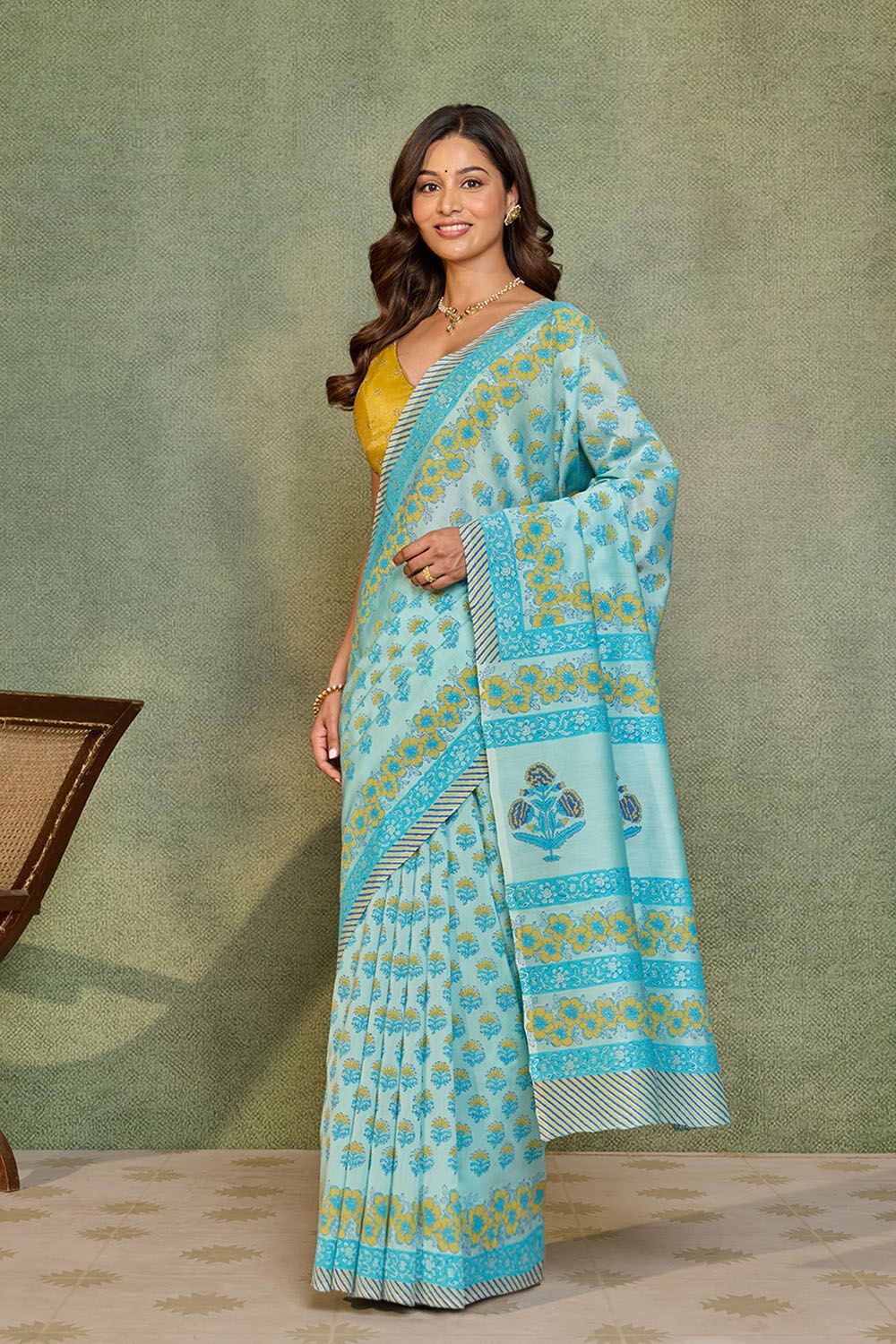 Light Blue Pure Silk Cotton Block Printed Bengal Saree image number null
