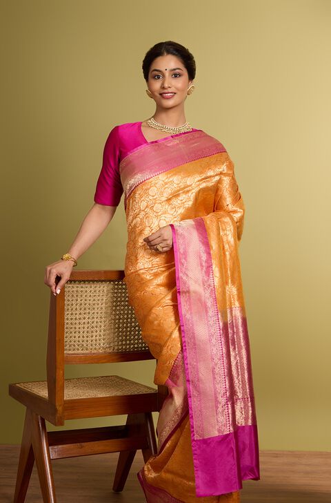 Orange Pure Silk Brocade Banarasi Saree