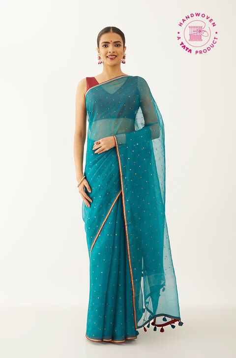 Blue Pure Silk Organza Woven Saree