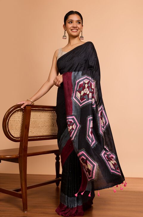 Black Murshidabad Pure Silk Hand Painted Mukesh Saree