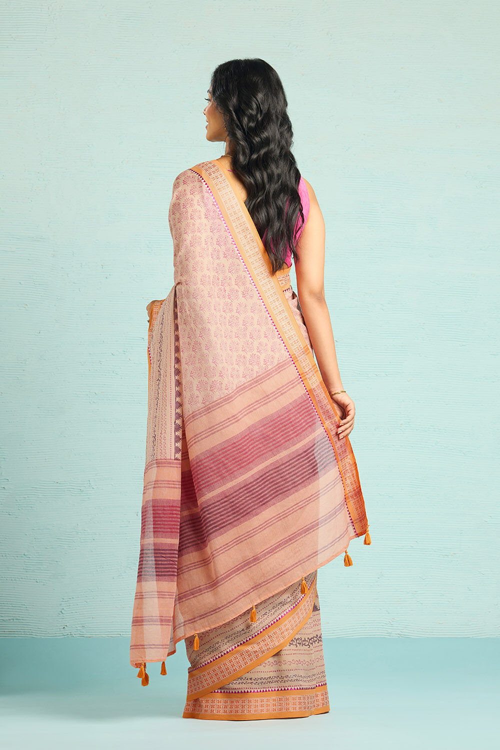 Orange Pure Cotton Block Printed Bengal Saree image number null