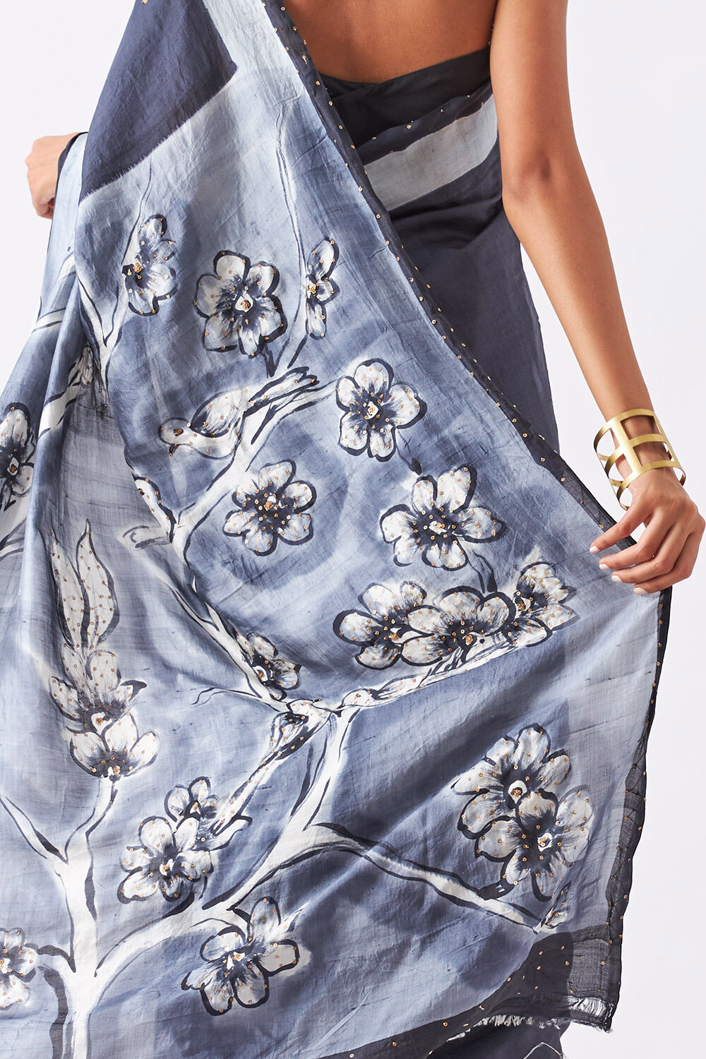 Grey Pure Silk Hand Painted Saree image number null