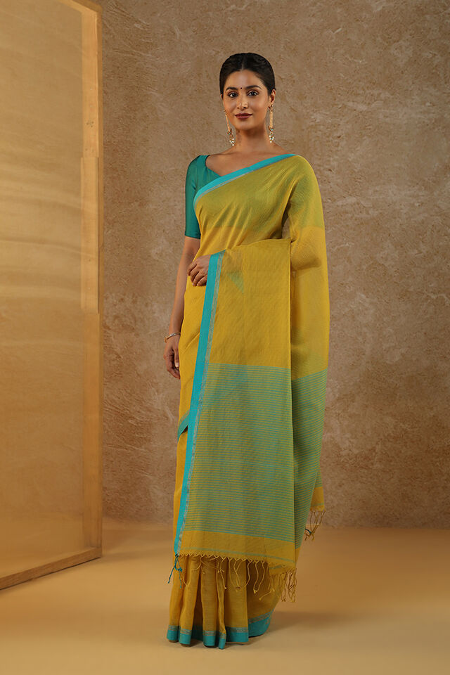 Yellow Woven Pure Silk Cotton Bengal Saree