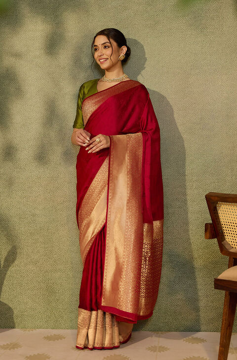 Red Viscose Satin Woven Saree