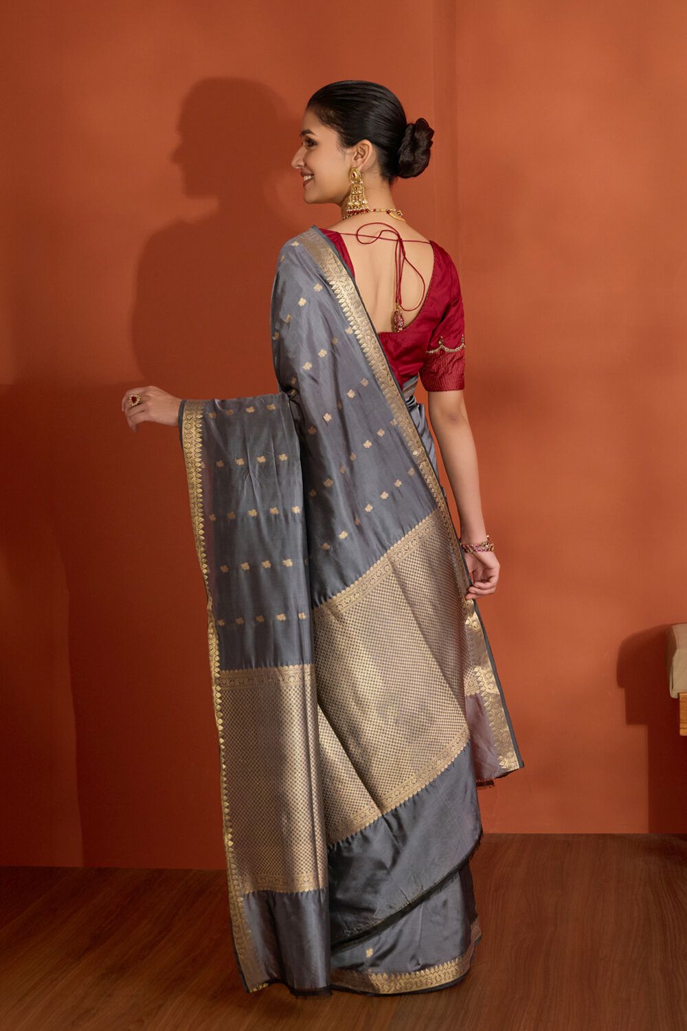 Grey Silk Viscose Cutwork Banaras Inspired Design Saree image number null