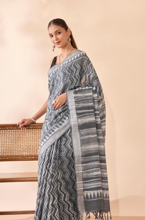 Grey Viscose Cotton Block Printed Saree