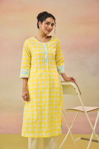 Yellow Screen Printed Pure Cotton Kurta thumbnail image number null