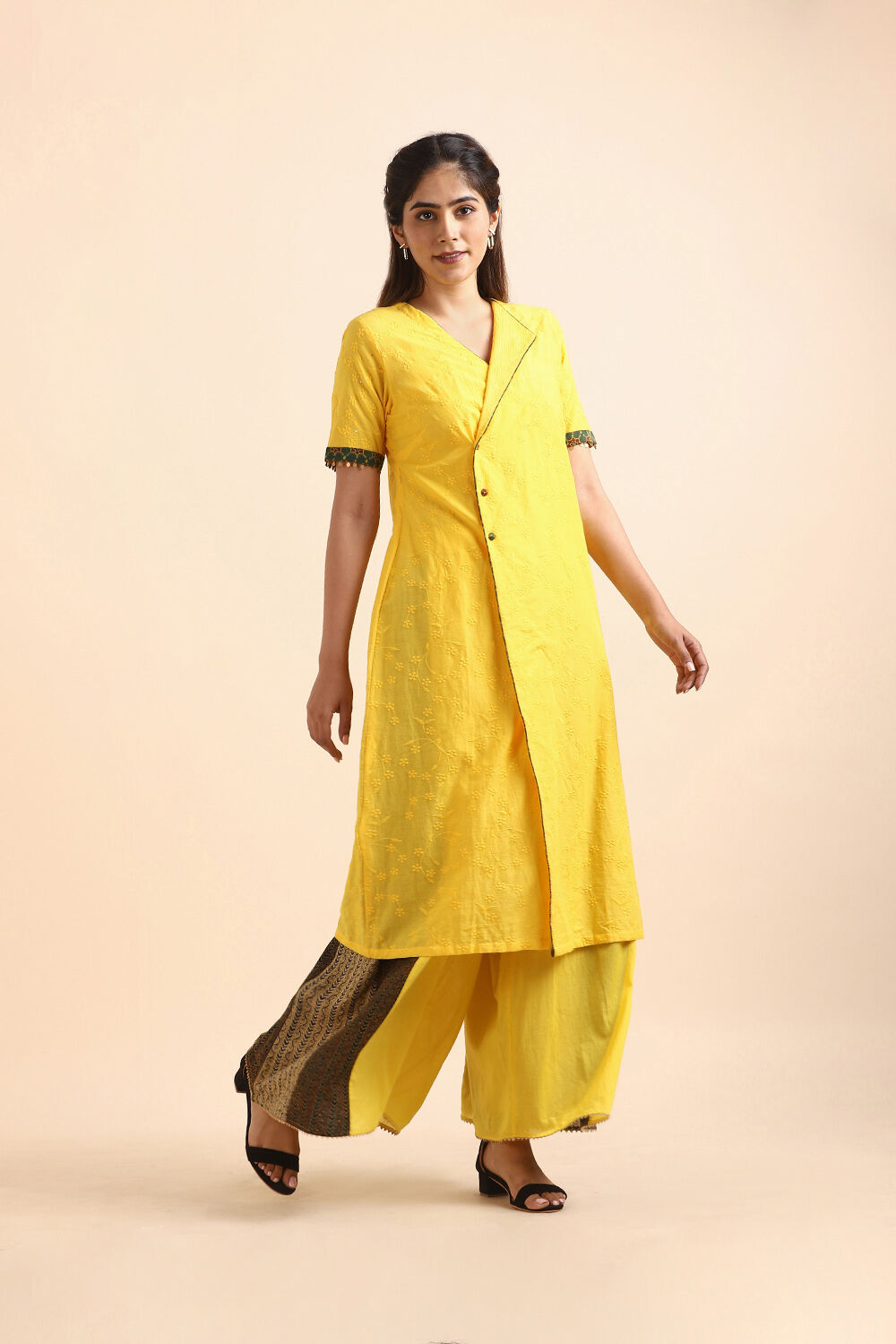 Dark Yellow Embroidered Cotton Kurta Set image number null