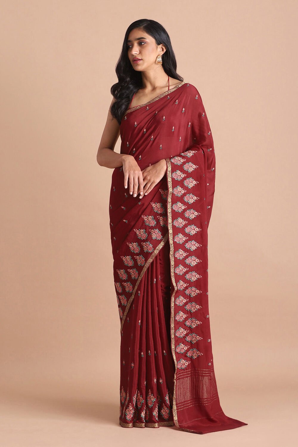 Dark Pure Red Viscose Embroidered Saree image number null