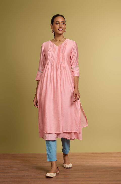 Light Pink Pure Silk Cotton Embroidered Kurta with Slip