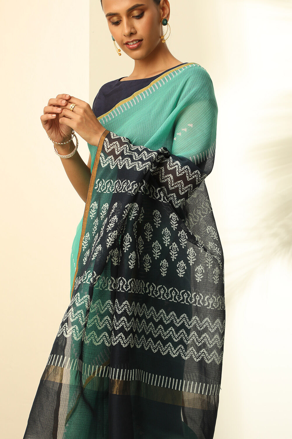 Green Pure Silk Kota Block Printed Saree image number null