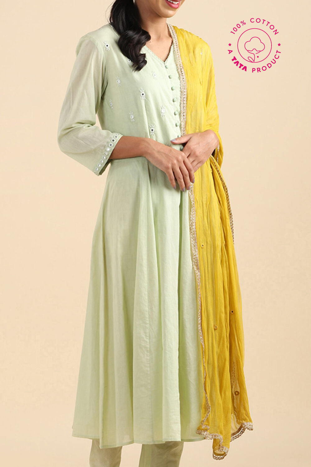 Light Green Mirror Embroidered Kurta Set image number null