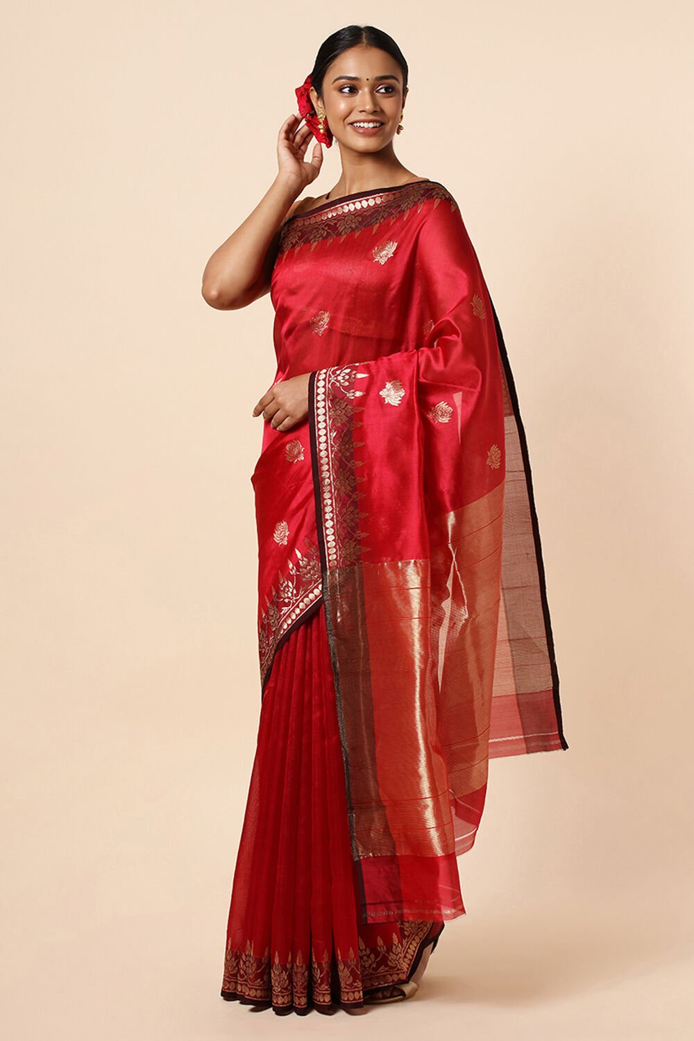Dark Red Pure Silk Chanderi Saree image number null