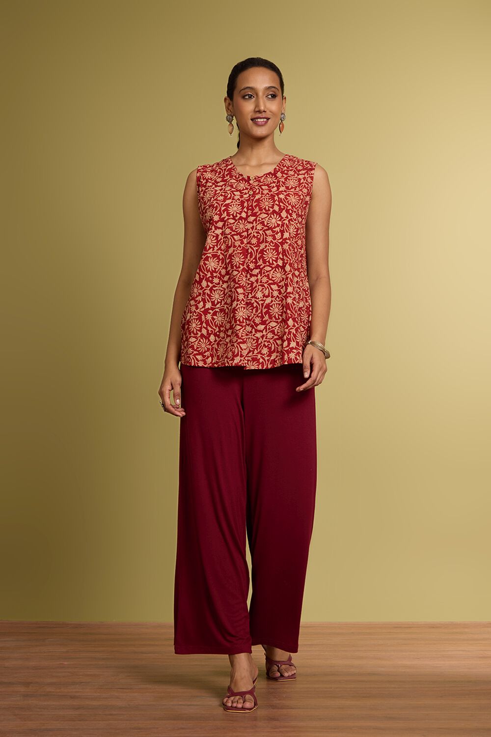 Dark Red Bagru Block Printed Pure Cotton Short Top image number null