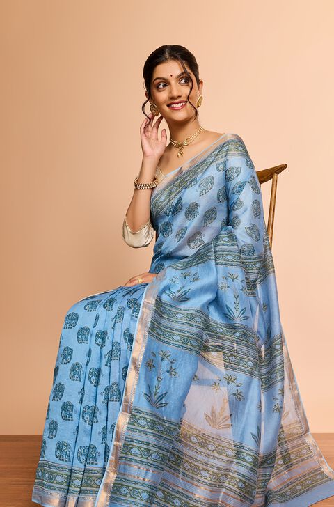 Light Blue Rajasthan Pure Silk Cotton Printed Sanganeri Saree