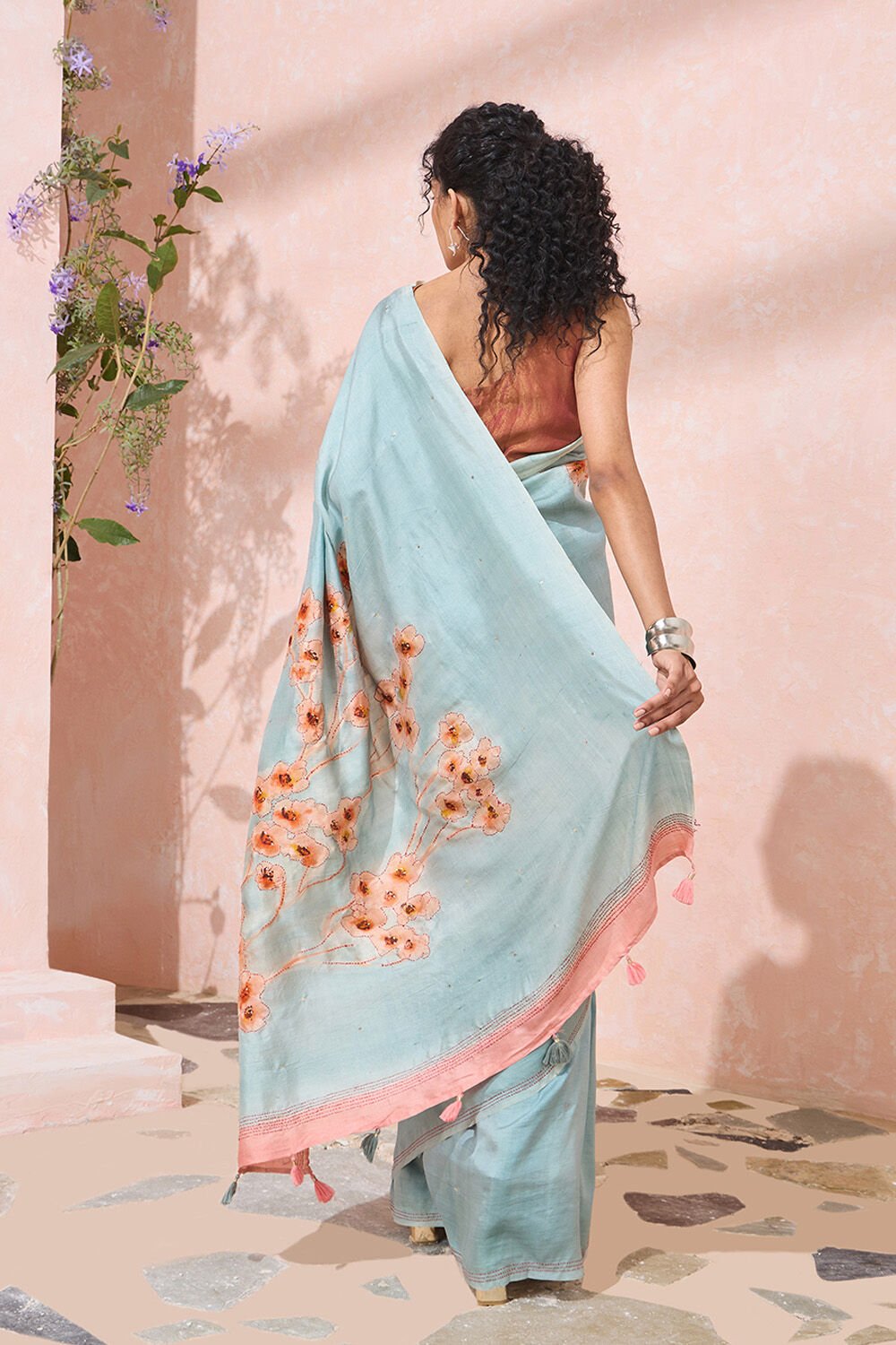 Light Blue Bengal Pure Silk Hand Painted Saree image number null