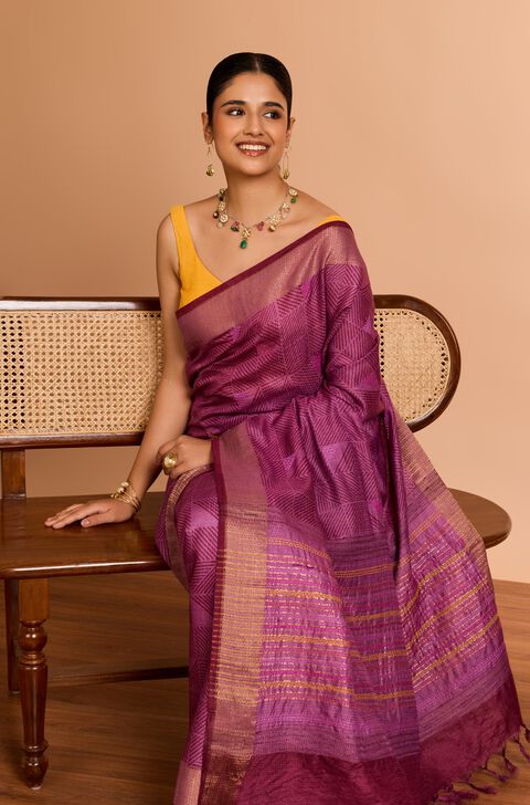 Purple Bengal Pure Tussar Silk Embroidered Saree