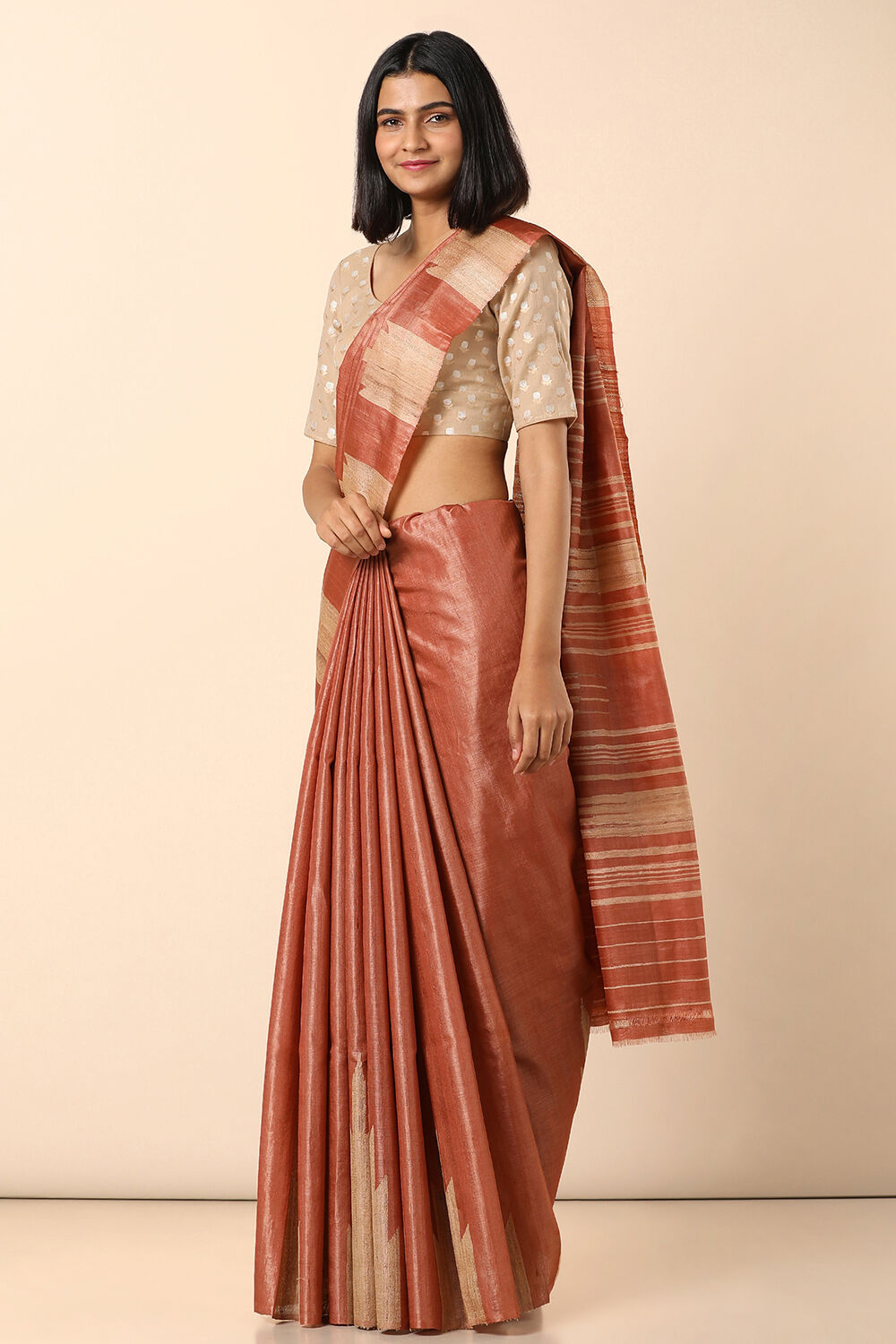 Light Orange Handwoven Woven Pure Tussar Silk Saree image number null
