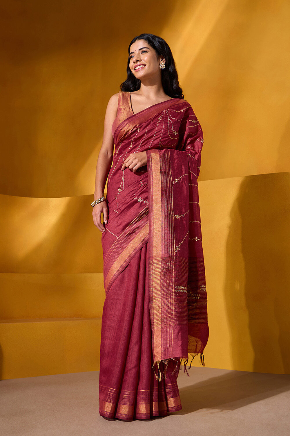 Dark Red Pure Silk Embroidered Saree image number null