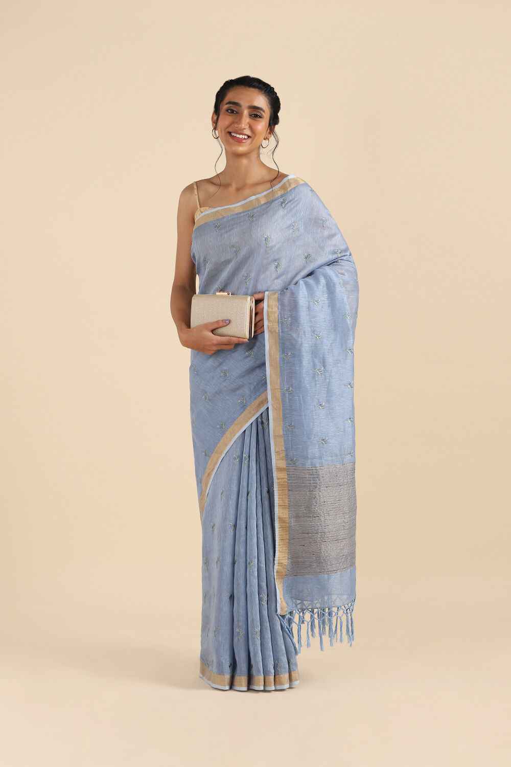 Light Blue Pure Silk Linen Embroidered Saree image number null
