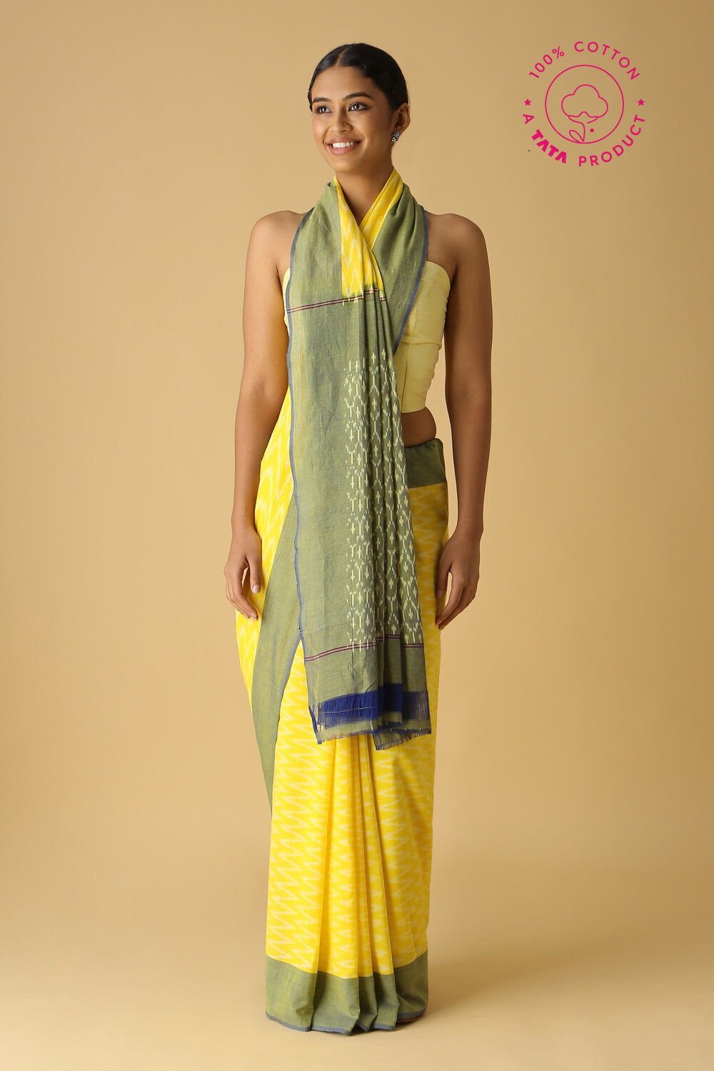 Light Yellow Pure Cotton Pochampalli Ikat Saree image number null