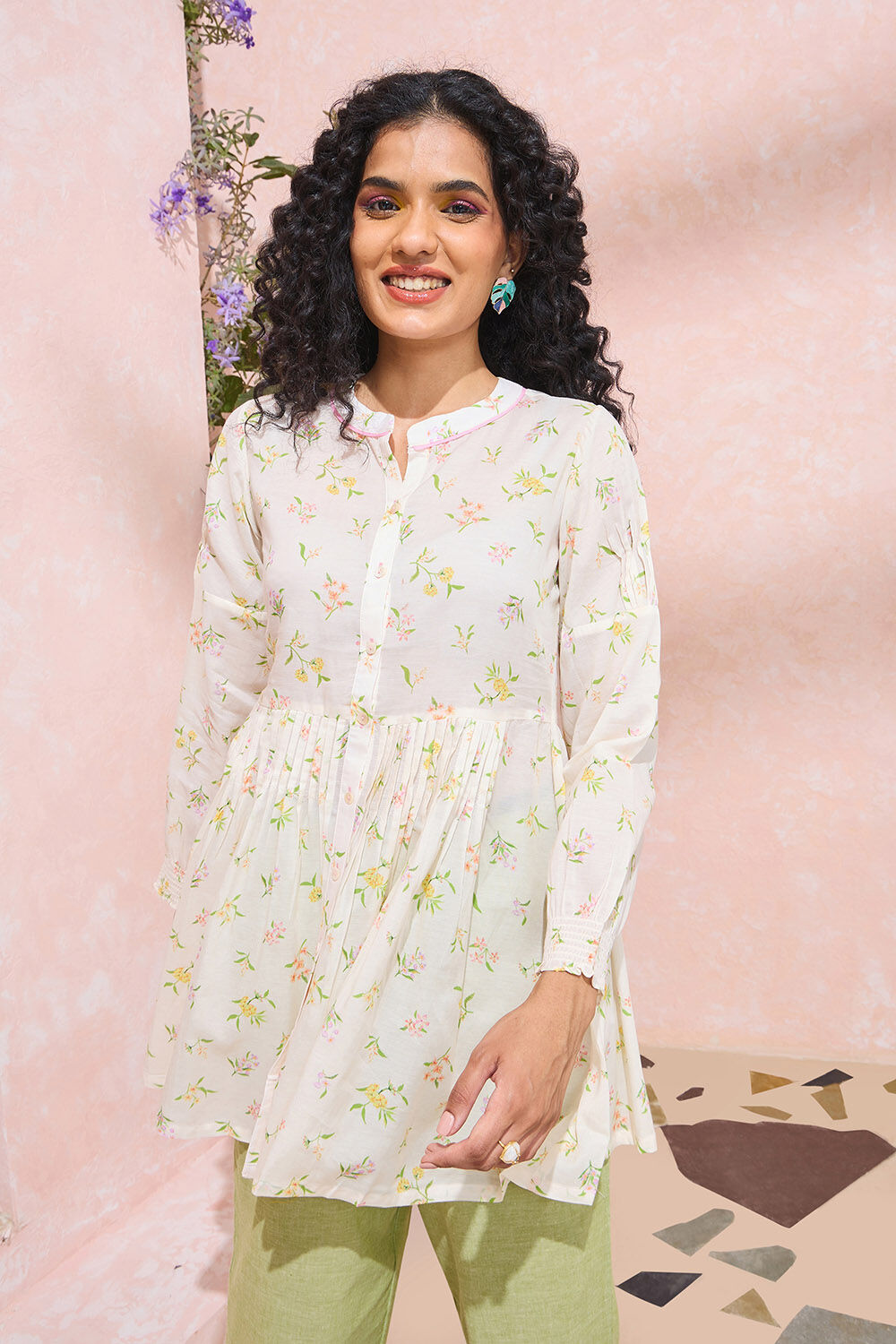 Off White Printed Cotton Viscose Short Top image number null