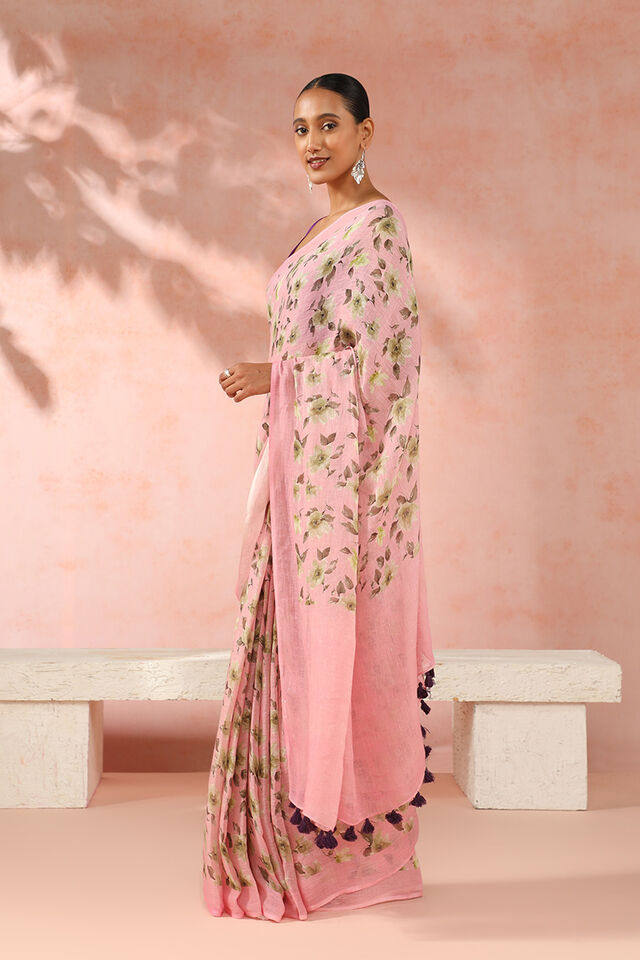 Pink Contemporary Pure Linen Digital Printed Saree