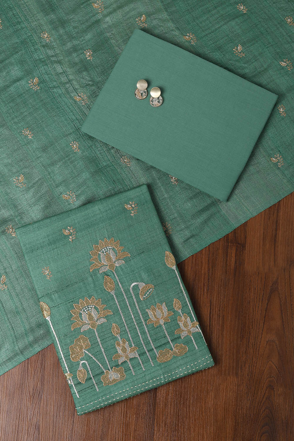 Dark Green Tussar Embroidered Unstitched Suit Set image number null