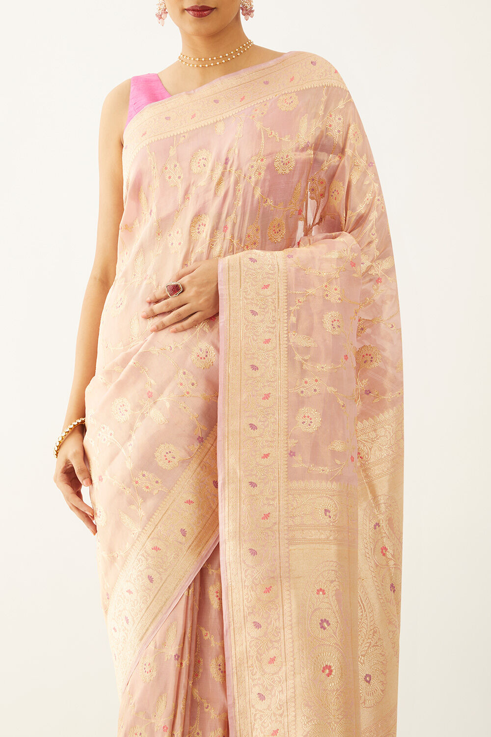 Light Pink Pure Silk Tissue Banarasi Kadwa Saree image number null