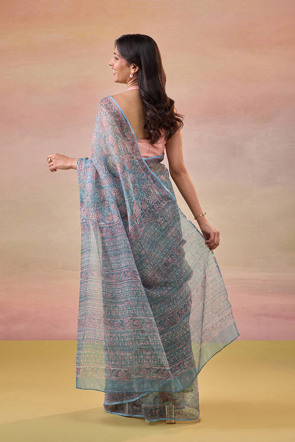 Light Blue Bagru Pure Cotton Kota Block Printed Saree image number null