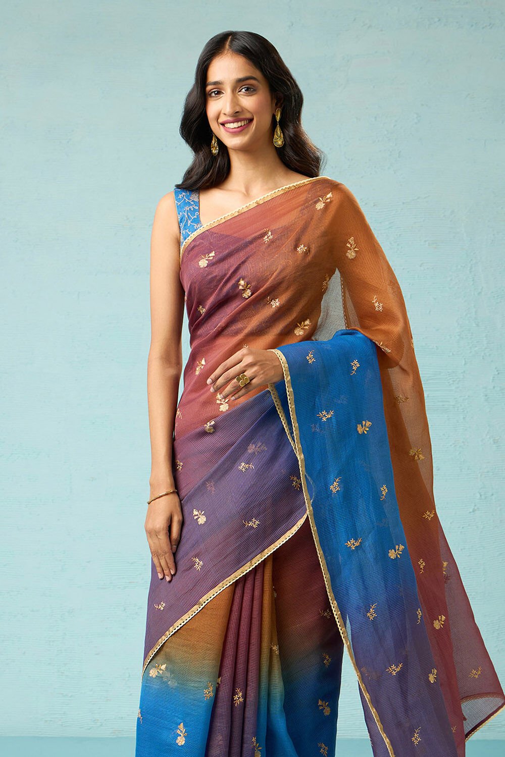 Blue Pure Silk Cotton Embroidered Saree image number null