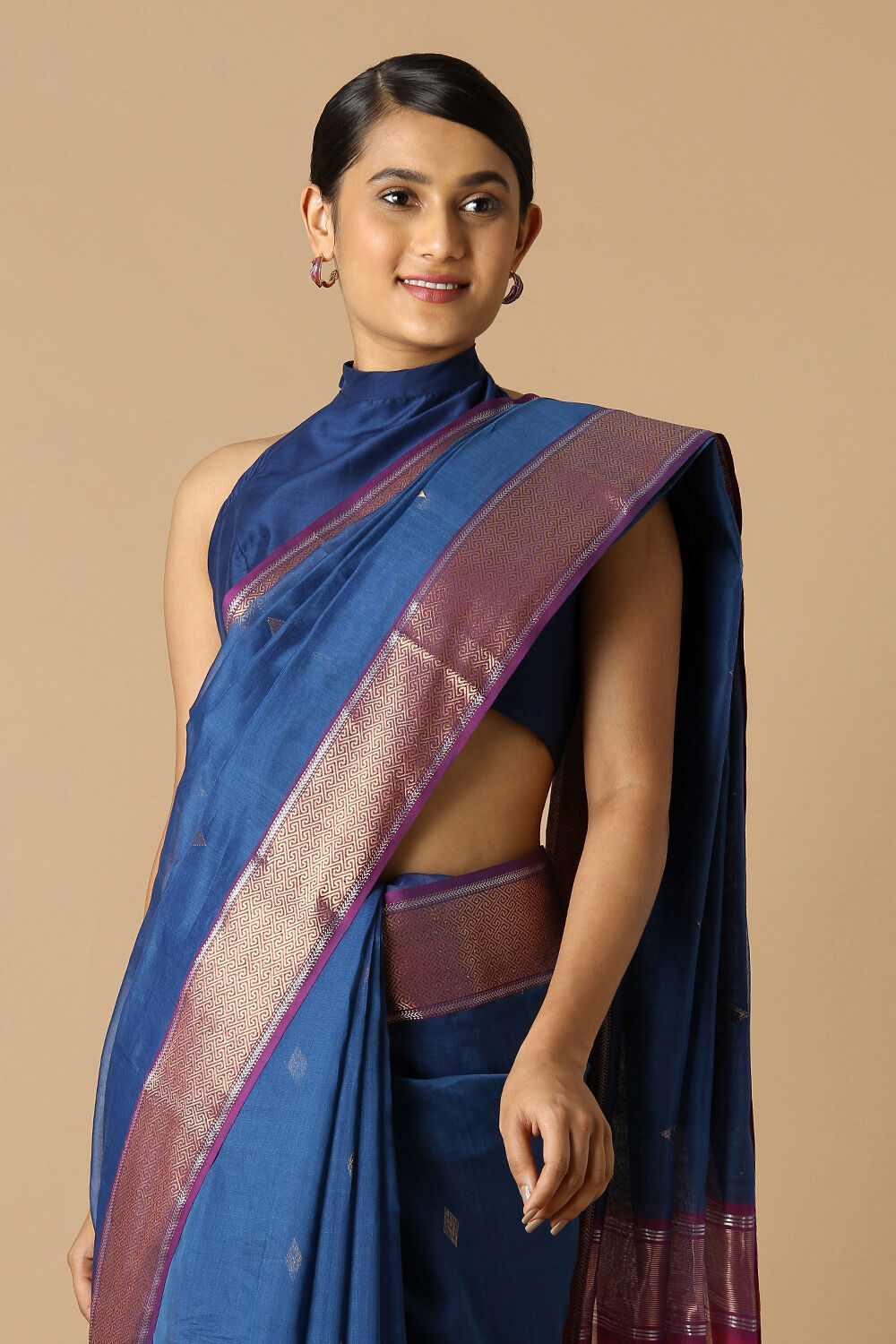 Dark Blue Pure Silk Cotton Maheswari Saree image number null
