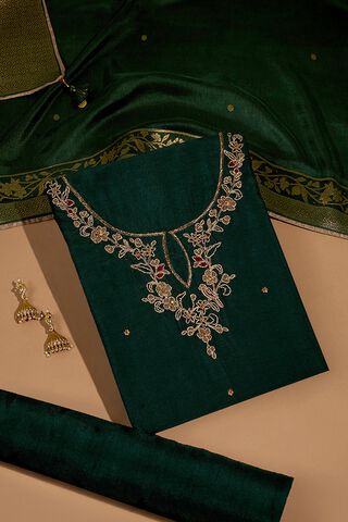 Dark Green Pure Viscose Embroidered Unstitched Suit Set image number